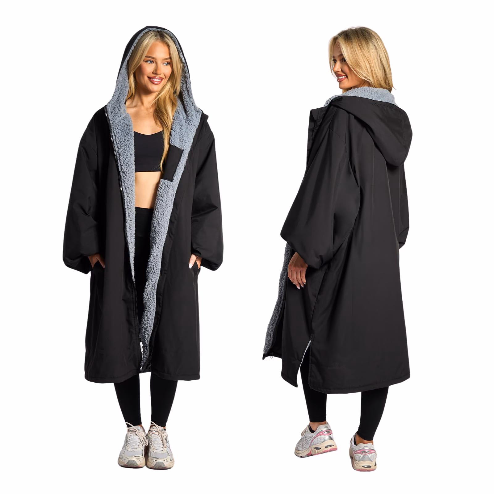 OHS Adults Drying Robe, Gifts for Mum Outdoor Waterproof Changing Robe Womens Jacket Comfy Sherpa Privacy Robes for Women Men, Stay Dry Swimming Camping Drying Robes - S/M, L/XL L-XL Black/Grey