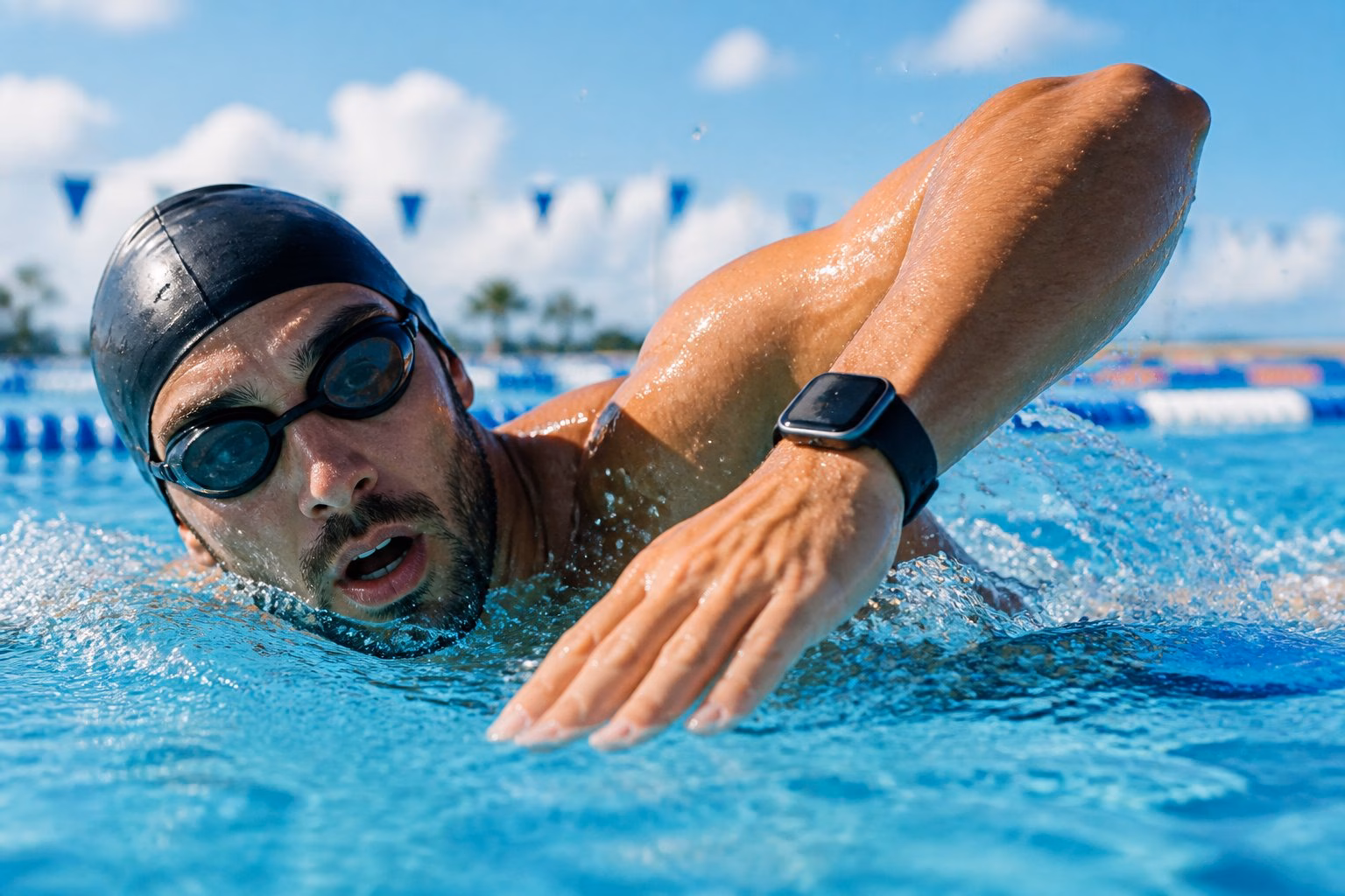 A swimmer in an outdoor pool wearing an Apple Watch while swimming mid-stroke with splashing water.