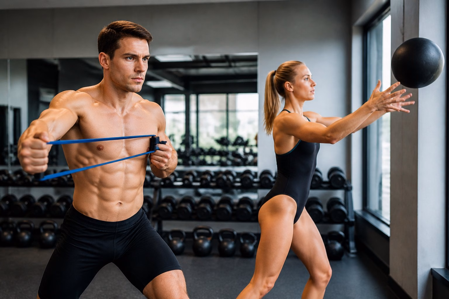 Two athletes doing dryland swim strength training exercises in a gym with fitness equipment around them.