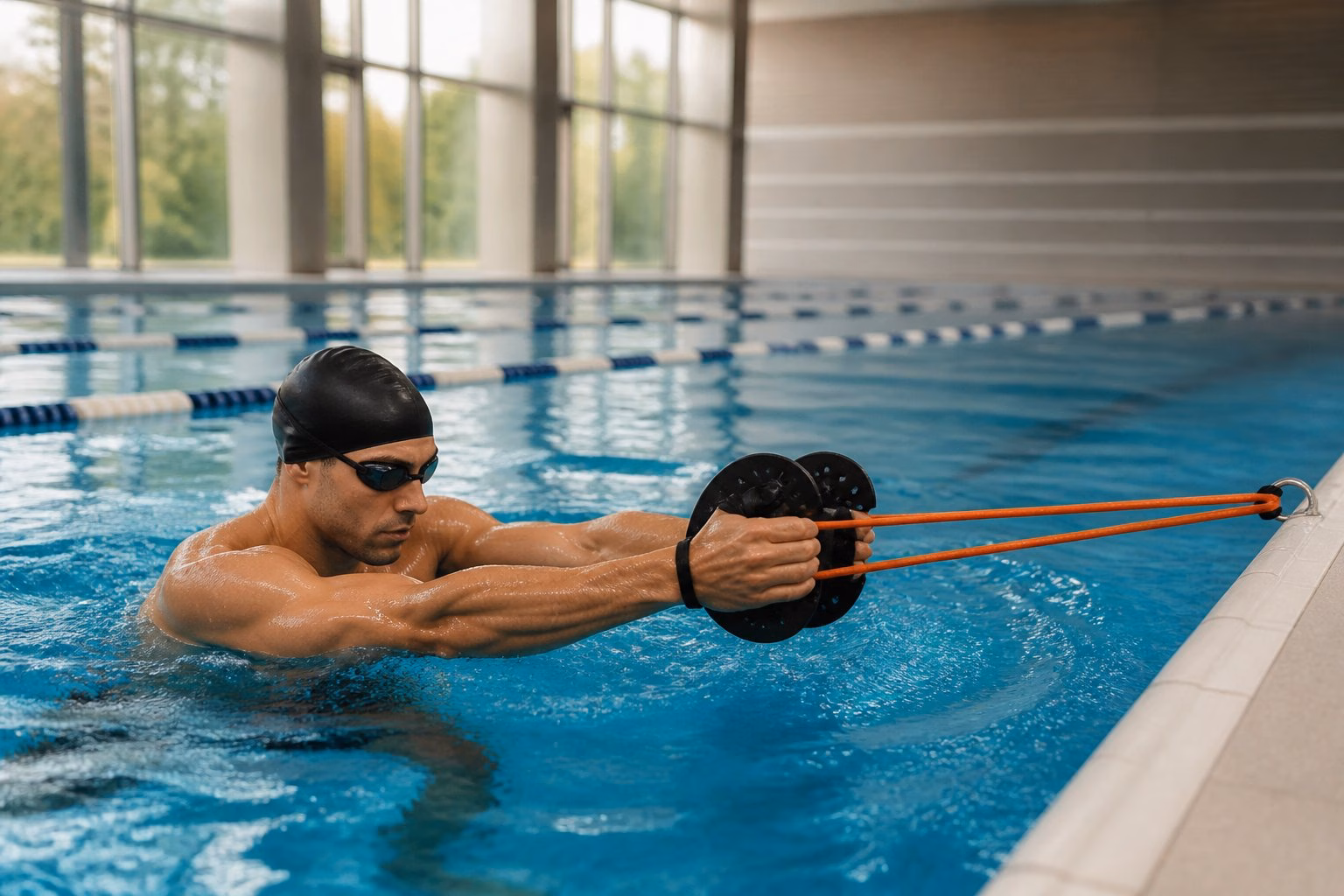 An adult swimmer performing resistance exercises in a swimming pool using equipment to build strength.