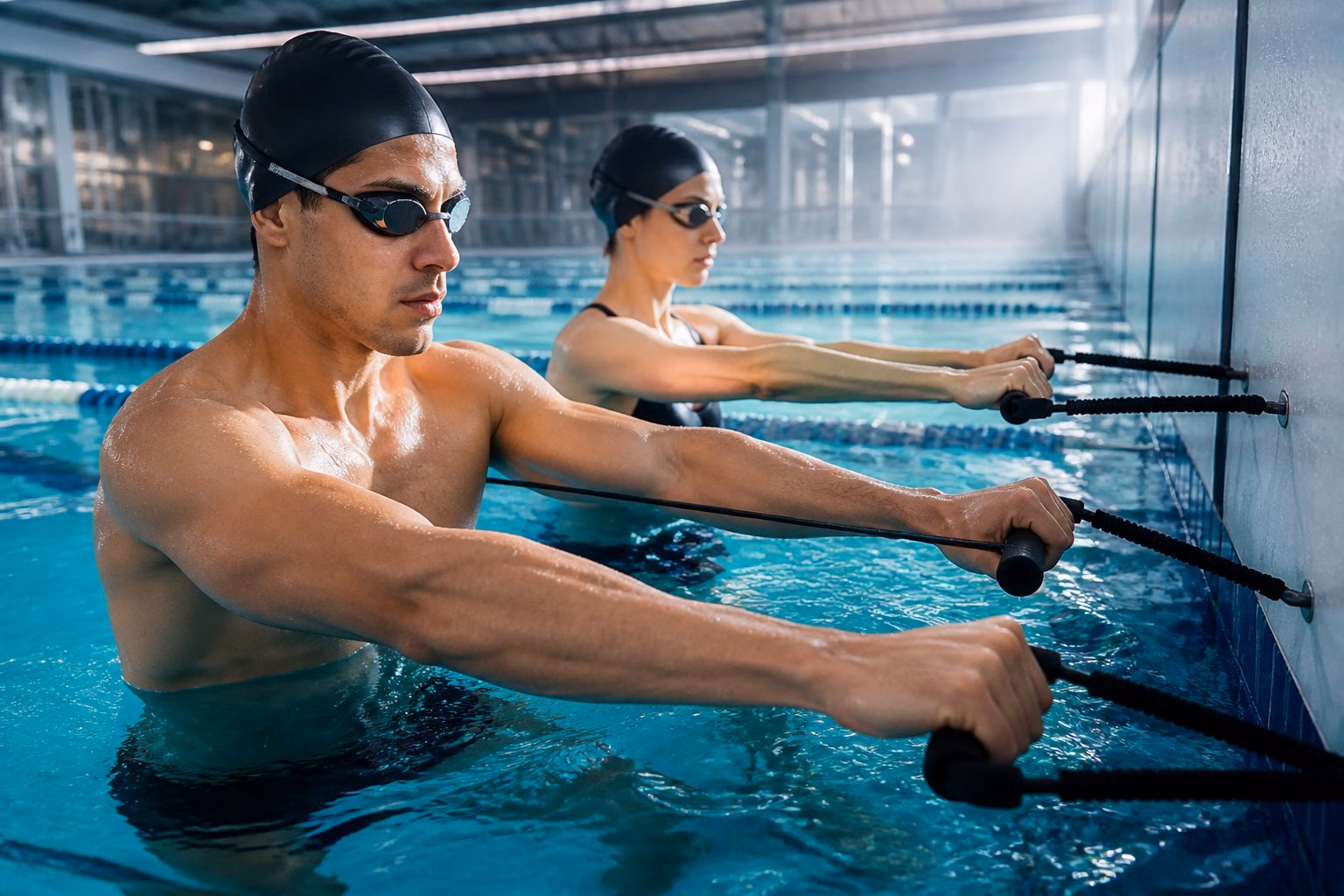 Two swimmers performing resistance exercises with swim cords at an indoor pool.