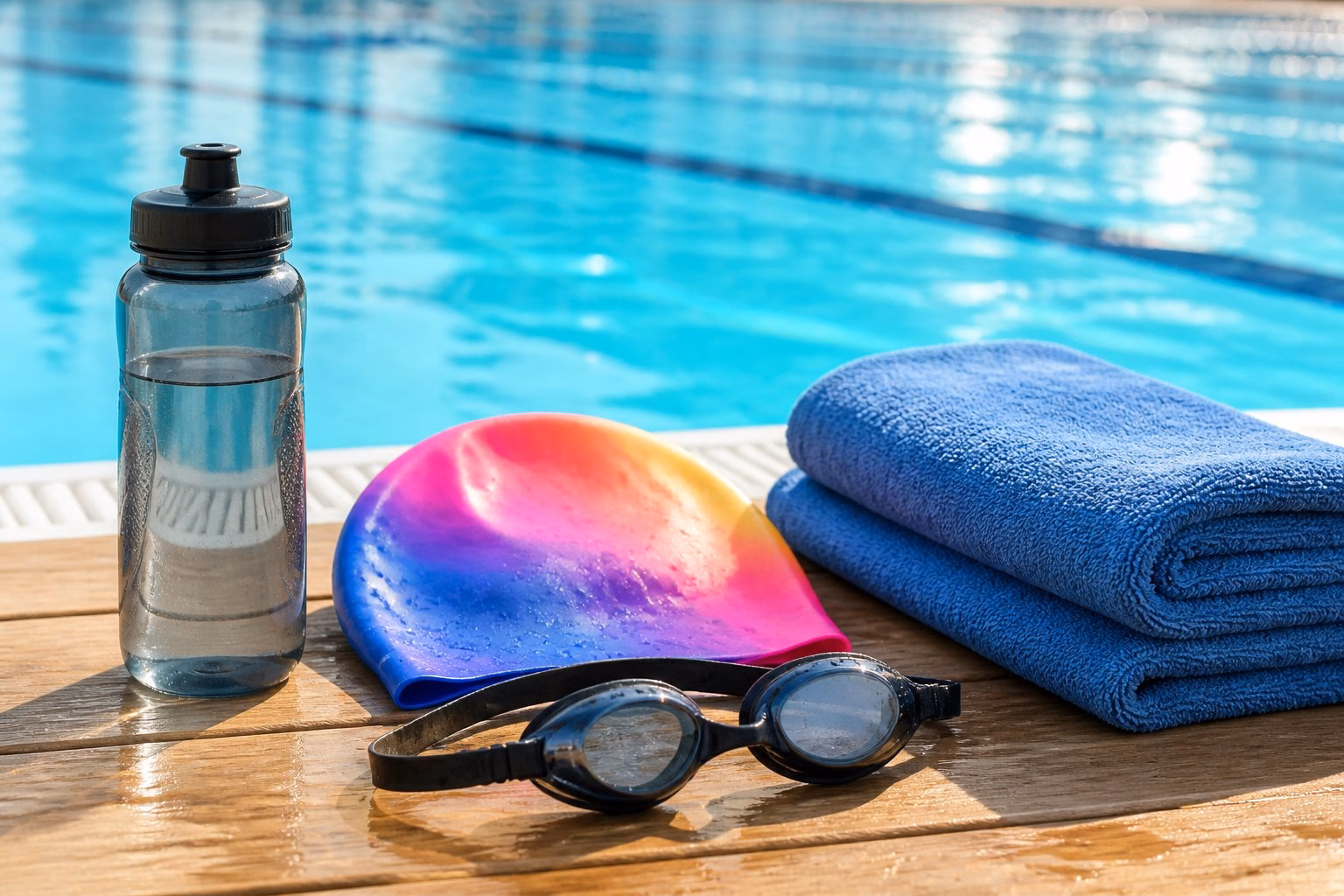 Swimming goggles, swim cap, water bottle, and towel arranged on a wooden pool deck next to a clear blue swimming pool.