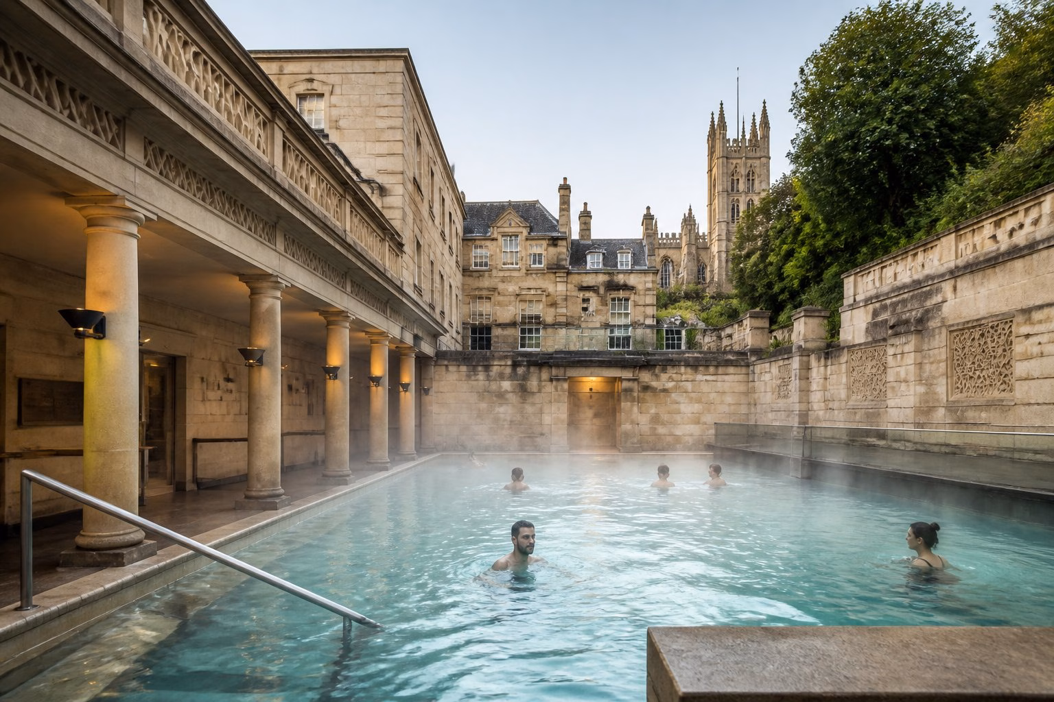 People swimming and relaxing in a clear thermal pool surrounded by historic stone walls and greenery in Bath, UK.