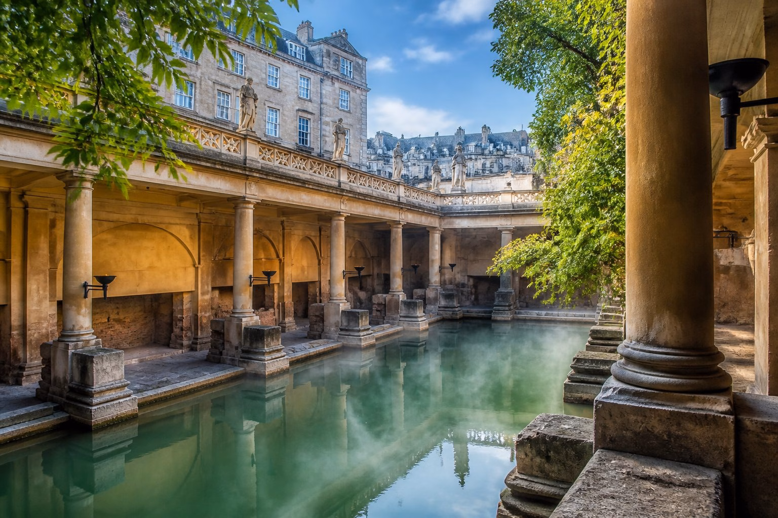 The Roman Baths in Bath, UK, showing ancient stone architecture and calm thermal waters surrounded by classical columns and greenery.