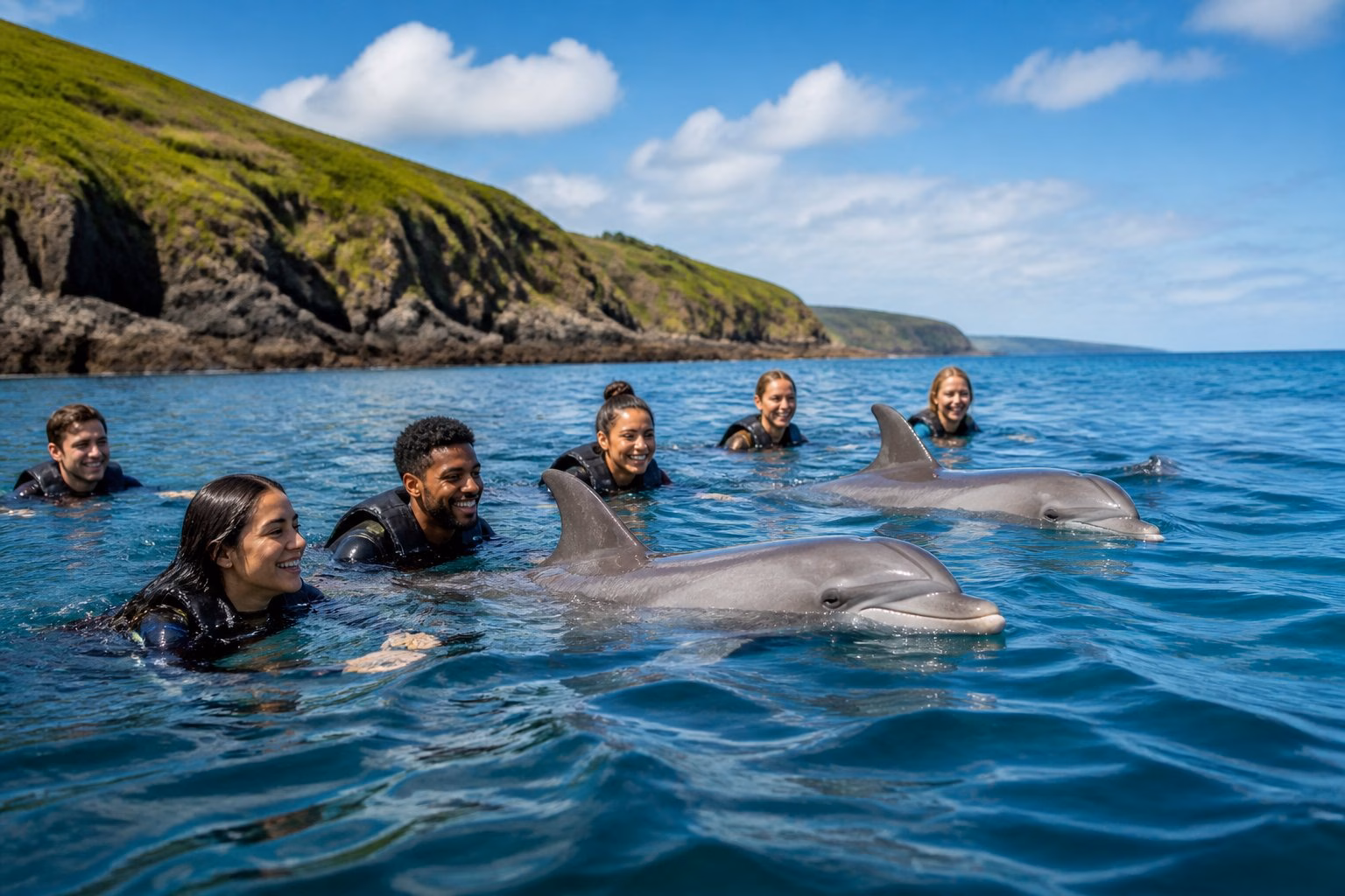 People swimming with dolphins near a rocky UK coastline under a partly cloudy sky.