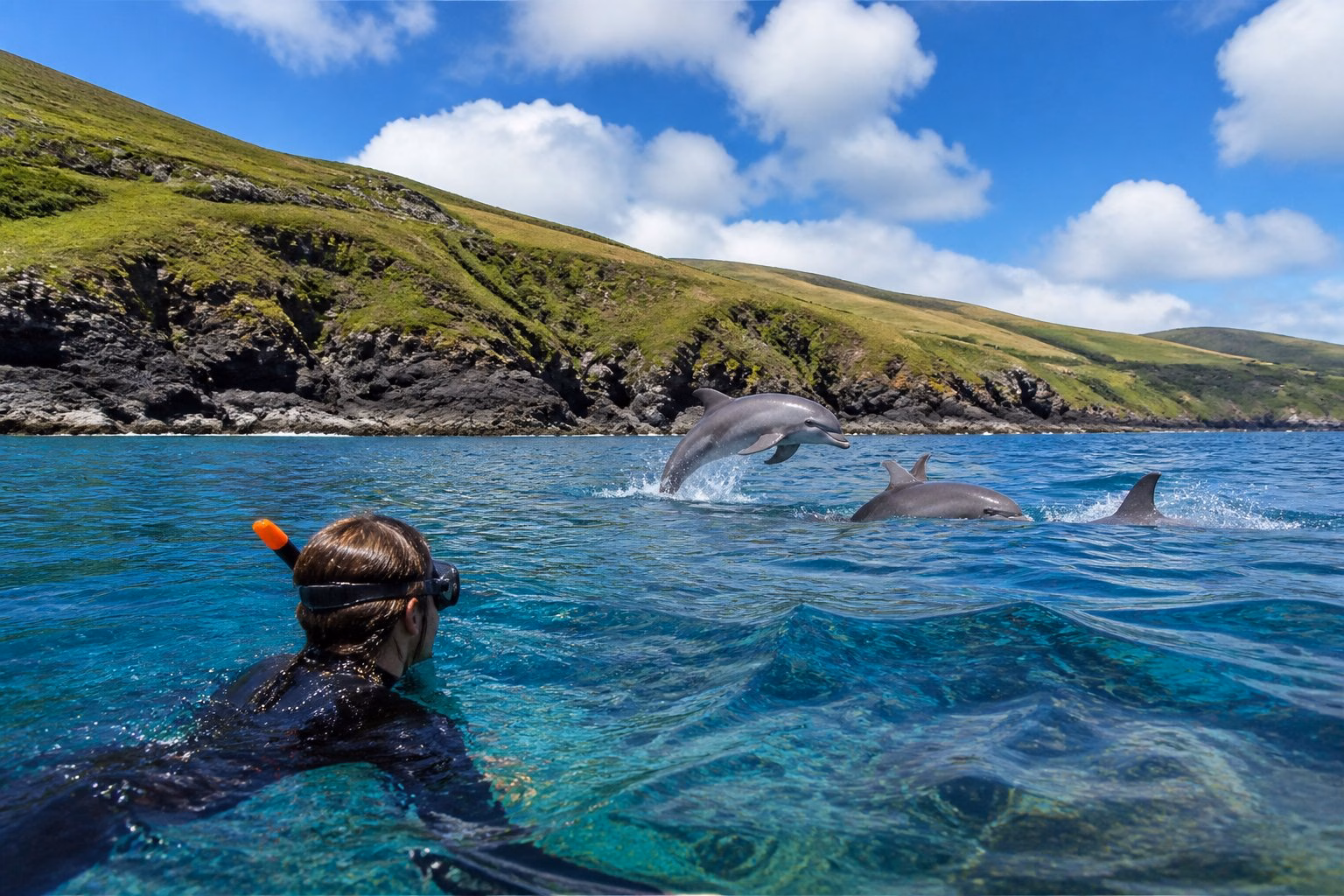 A person swimming near dolphins in clear coastal waters with green cliffs in the background.