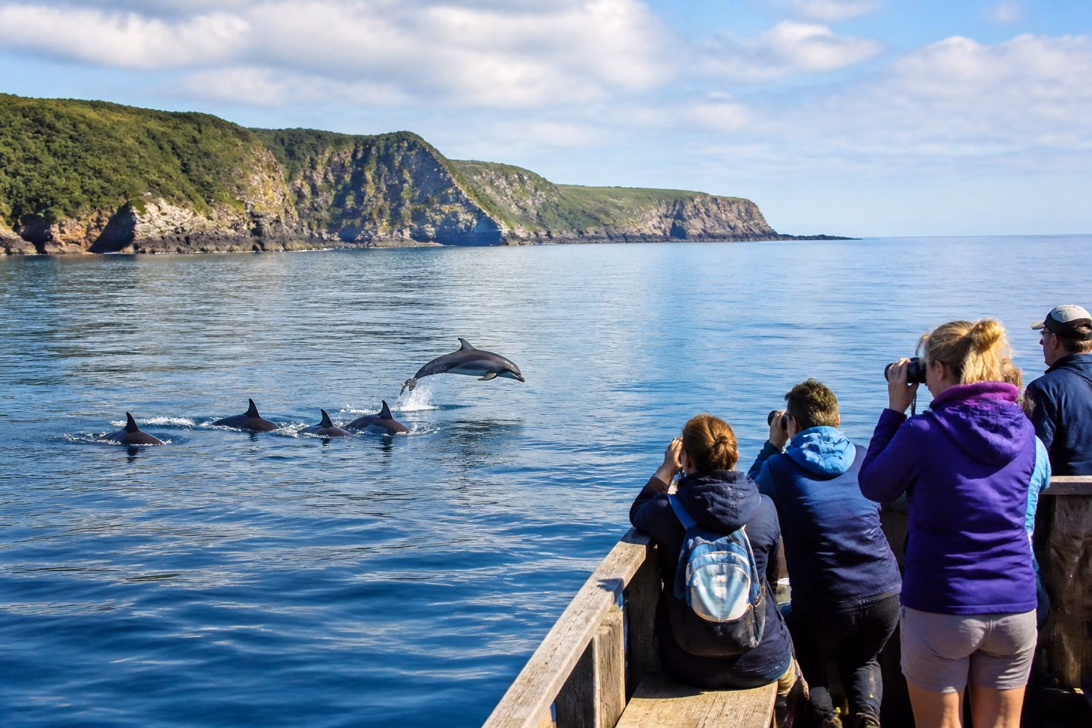 Coastal scene in the UK with dolphins swimming near the shore and people watching from a pier.