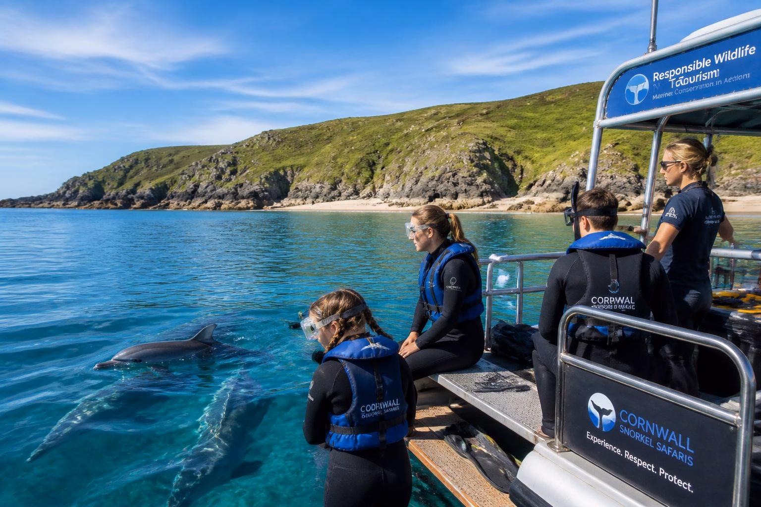 People on a boat near dolphins swimming in clear coastal waters with green cliffs and sandy beaches in the background.