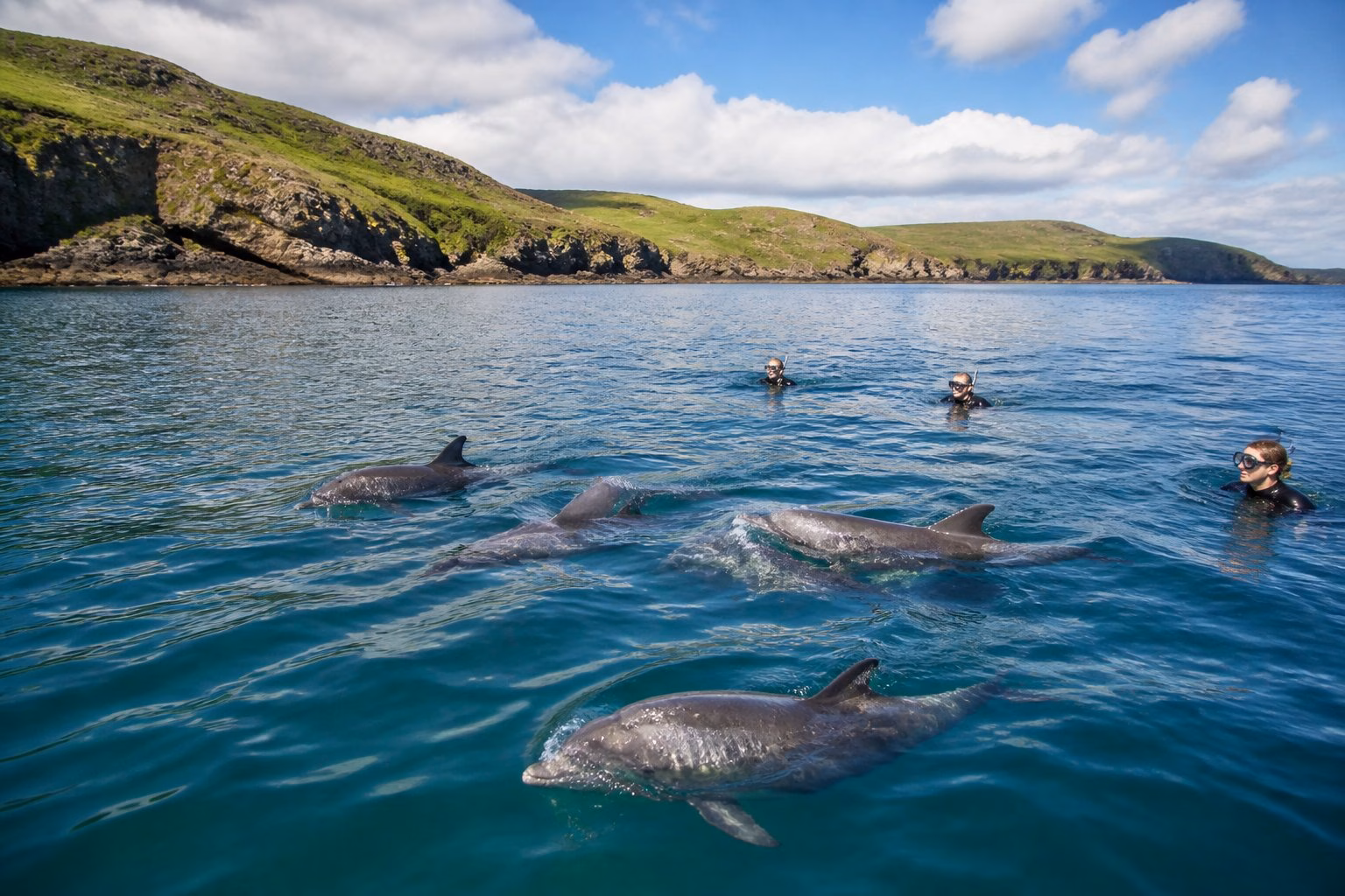 People swimming with dolphins near a green cliffed coastline under a partly cloudy sky in the UK.