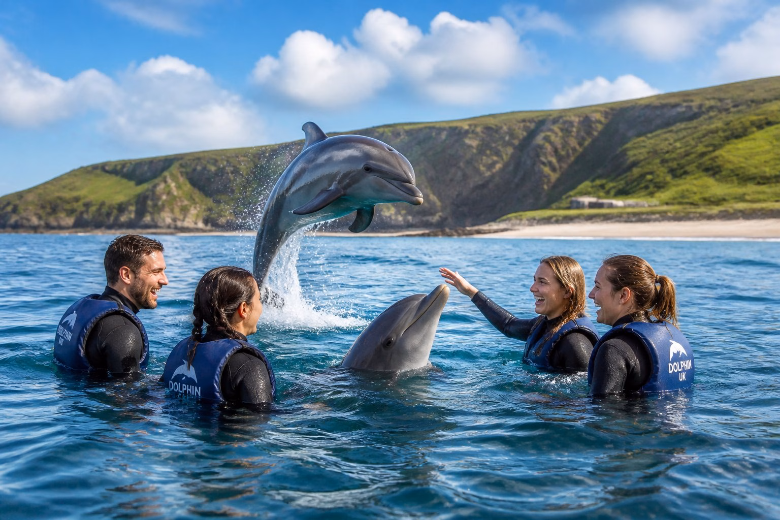 People swimming and interacting with dolphins near a calm UK coastline with green cliffs and a sandy beach under a blue sky.