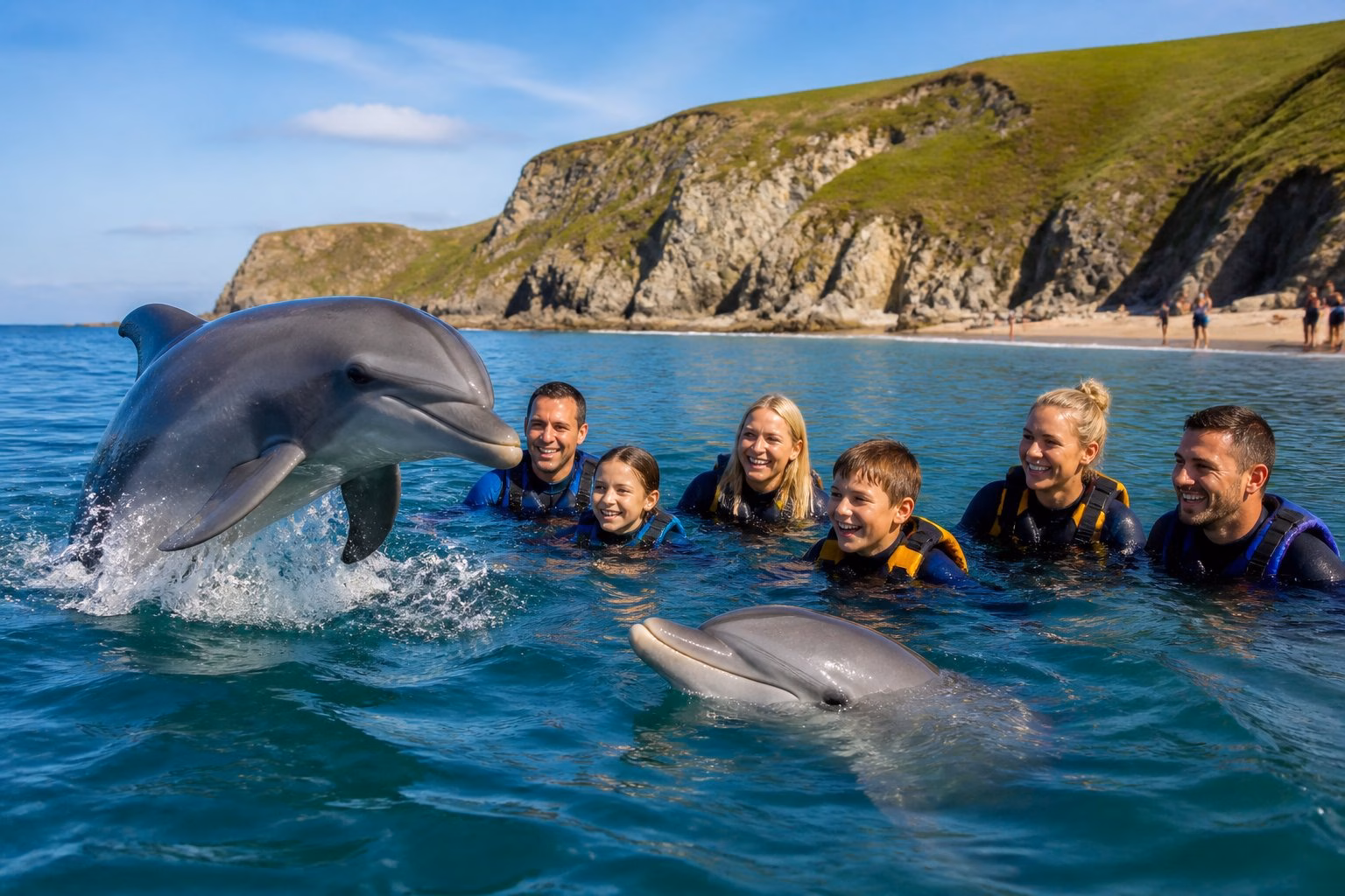 People swimming with dolphins in clear coastal waters near cliffs and a sandy beach in the UK.
