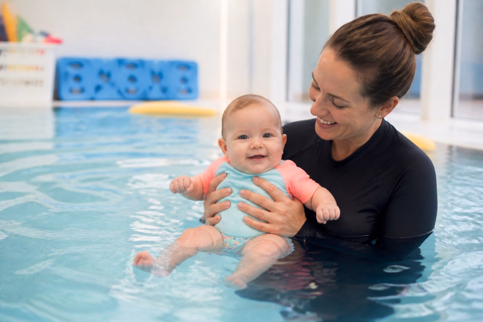 A parent gently supports a baby in the shallow end of an indoor swimming pool during an infant swim session.