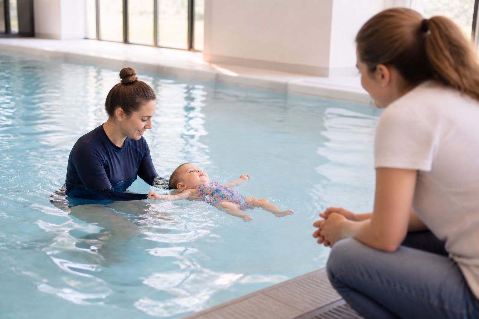 An instructor supports a calm baby during a supervised swim lesson while a caregiver watches from the poolside.