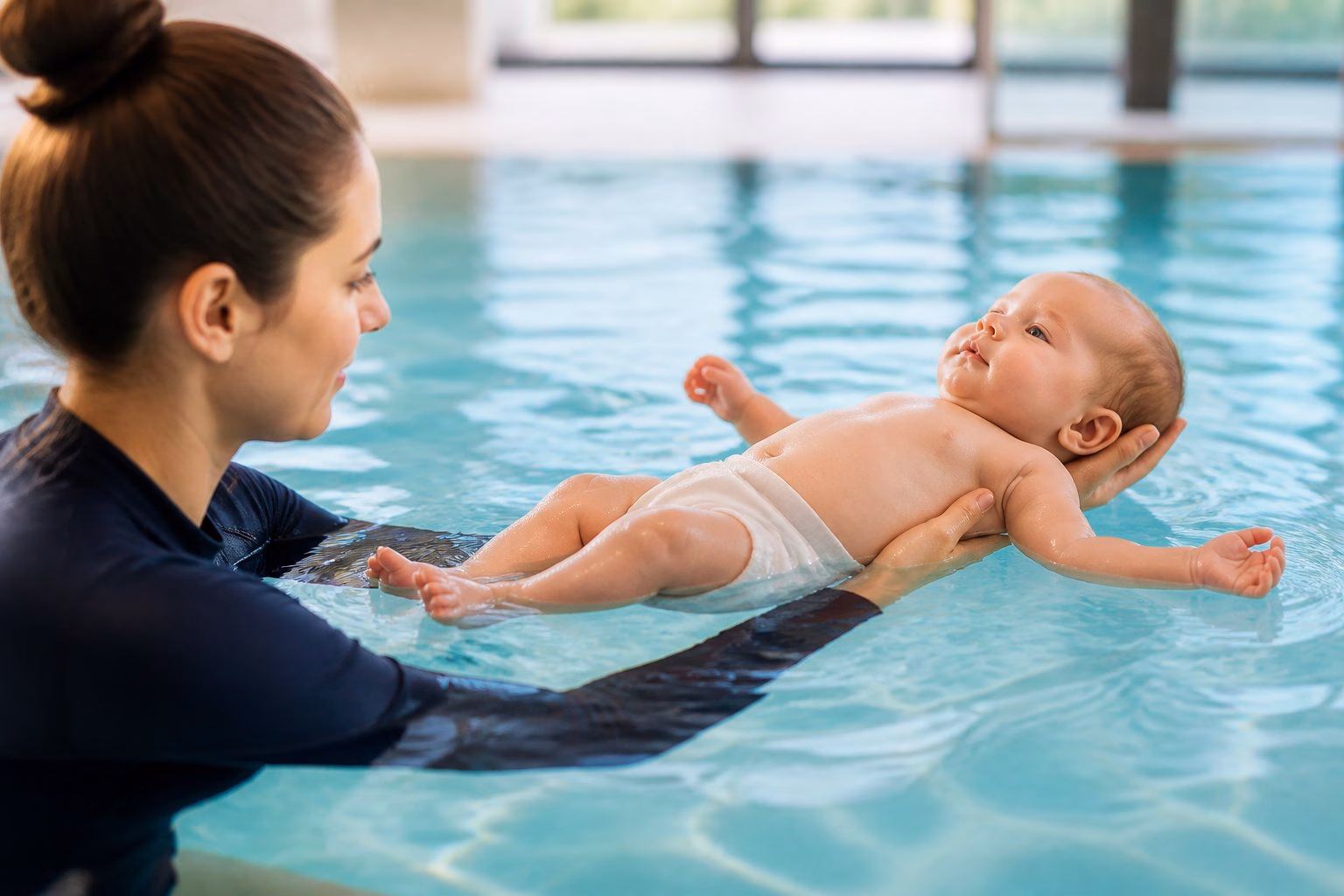 A supervised baby floats calmly on its back in a swimming pool while an instructor supports its head and body.