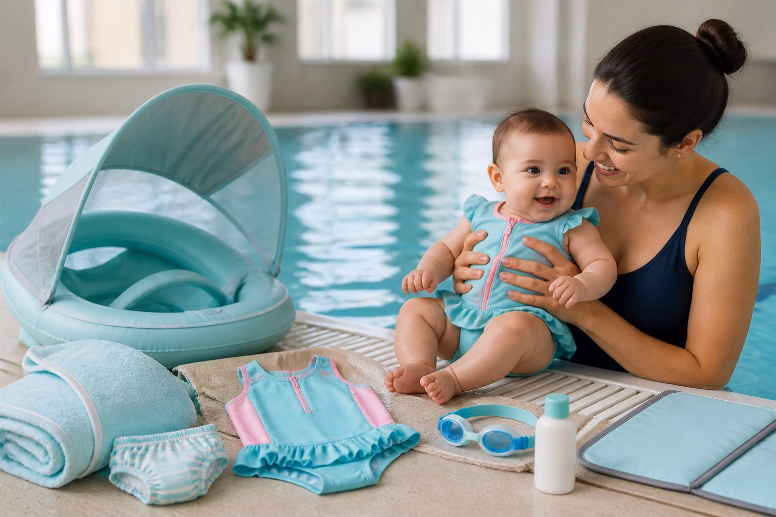 A parent holds a baby beside a swimming pool with essential infant swim gear arranged nearby.