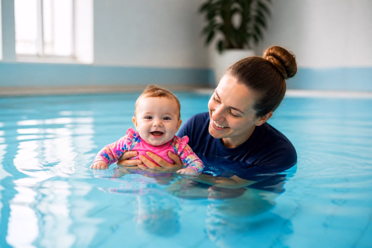 A caregiver gently supports a baby during a supervised swim lesson in an indoor pool.