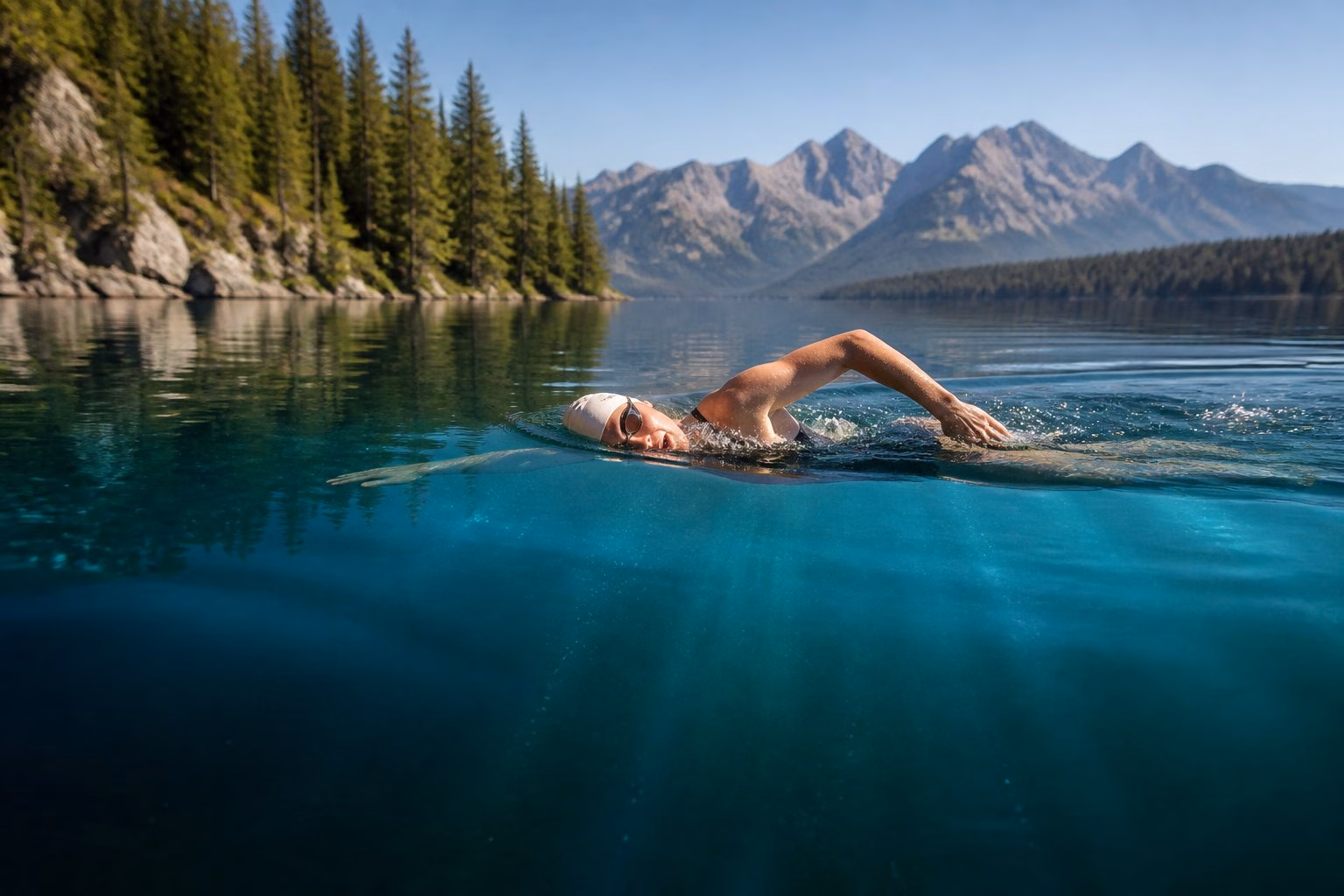 A swimmer moves through a clear mountain lake surrounded by forests and rocky hills.