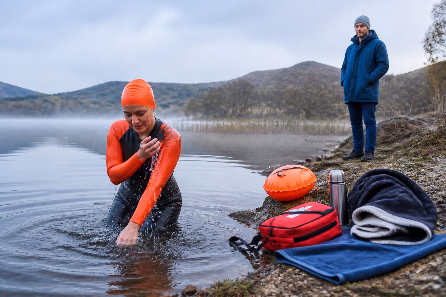 A swimmer acclimatises beside a misty lake while a companion and safety equipment wait nearby.