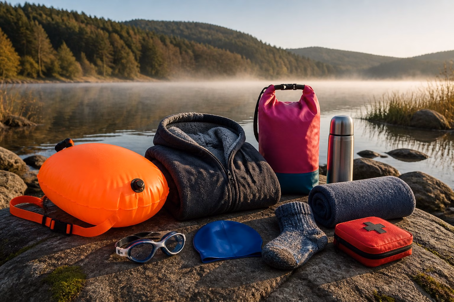 Wild swimming gear arranged on a lakeside, including a bright tow float, warm robe, goggles, towel, flask and first-aid kit.