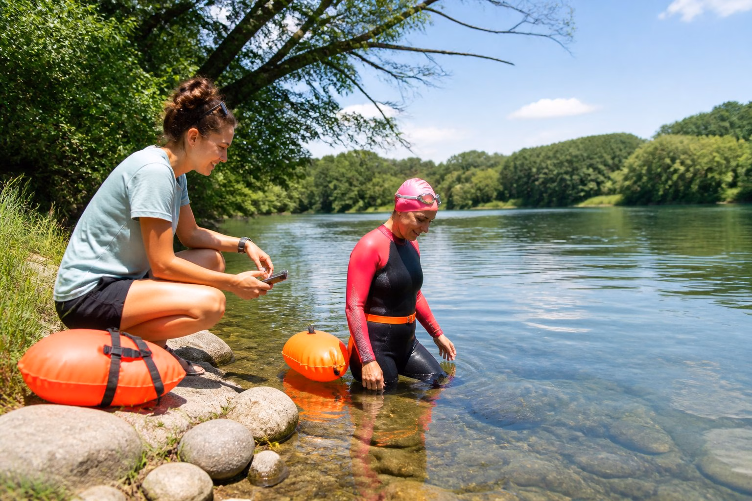 A swimmer in a wetsuit prepares to enter a calm lake while a companion offers support from the shore.