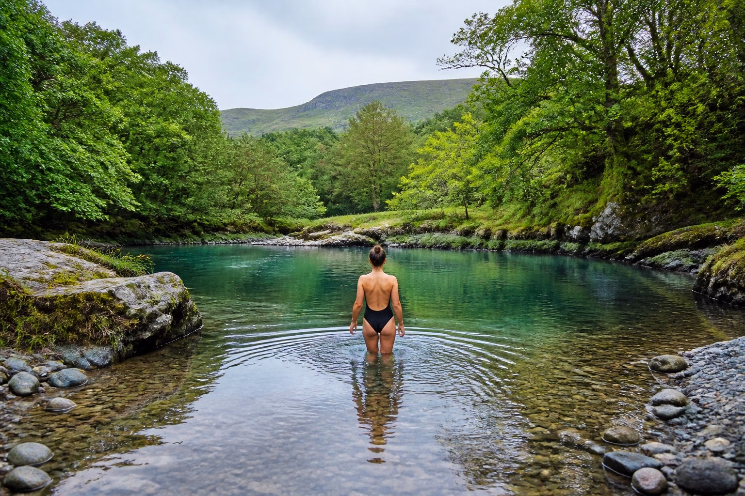 A swimmer enters a clear river pool surrounded by woodland and green countryside.