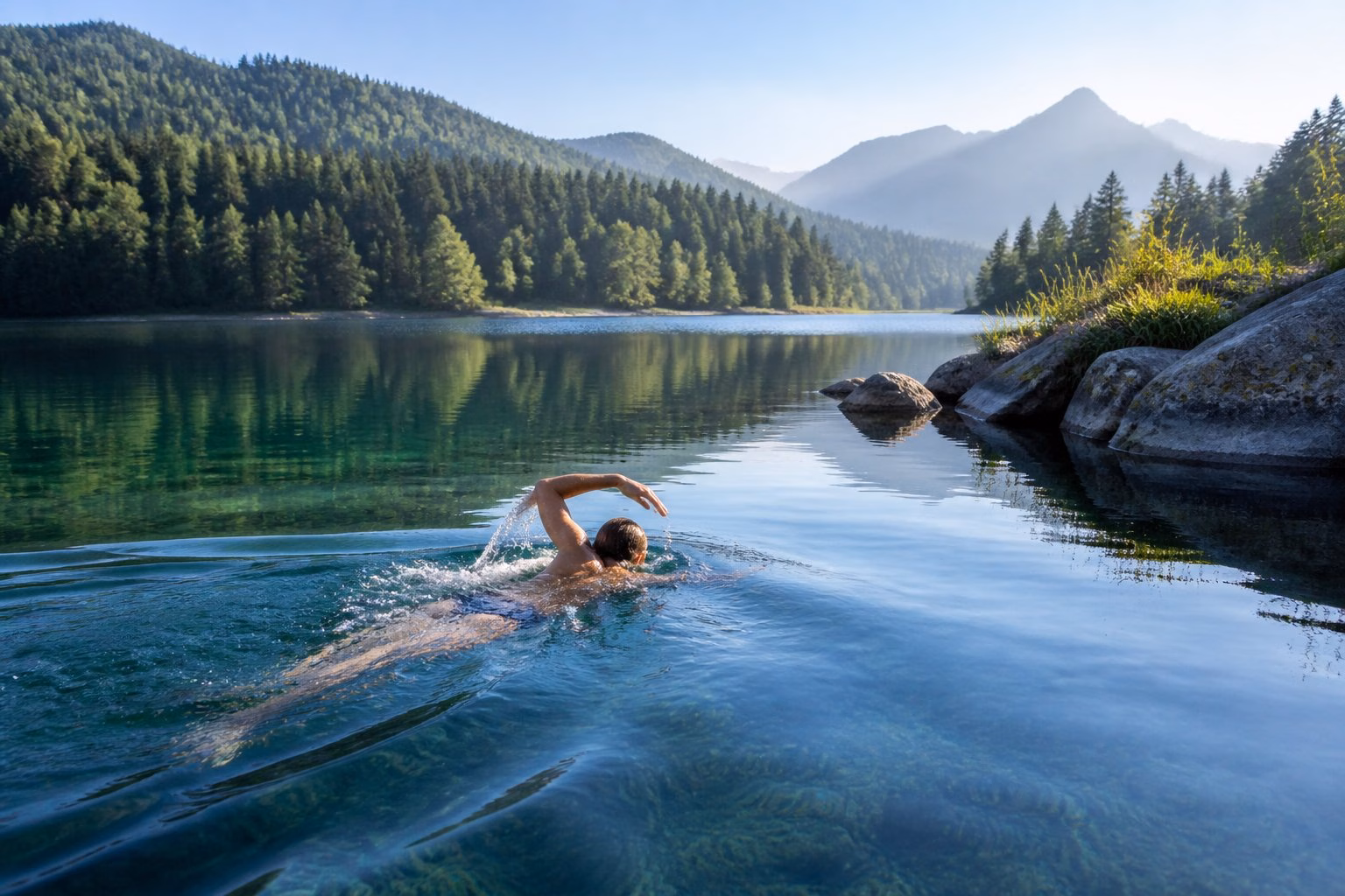 A swimmer moves through clear water in a peaceful wild mountain lake surrounded by trees and rocky shores.