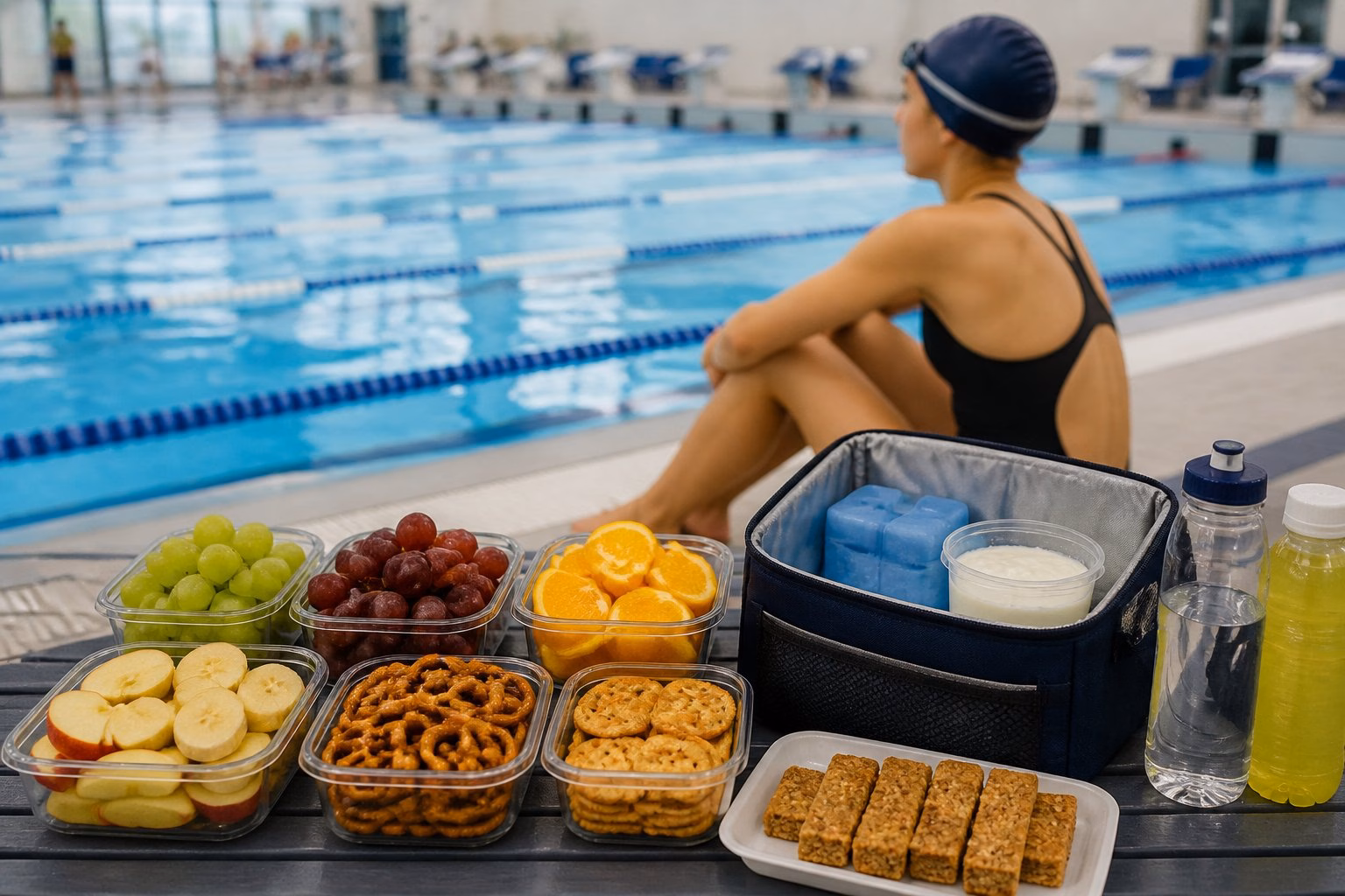 Healthy snacks and drinks arranged beside an indoor swimming pool during a swim meet.