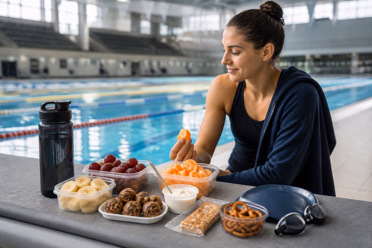 A swimmer takes a break beside an indoor pool with fruit, snacks and a water bottle nearby.