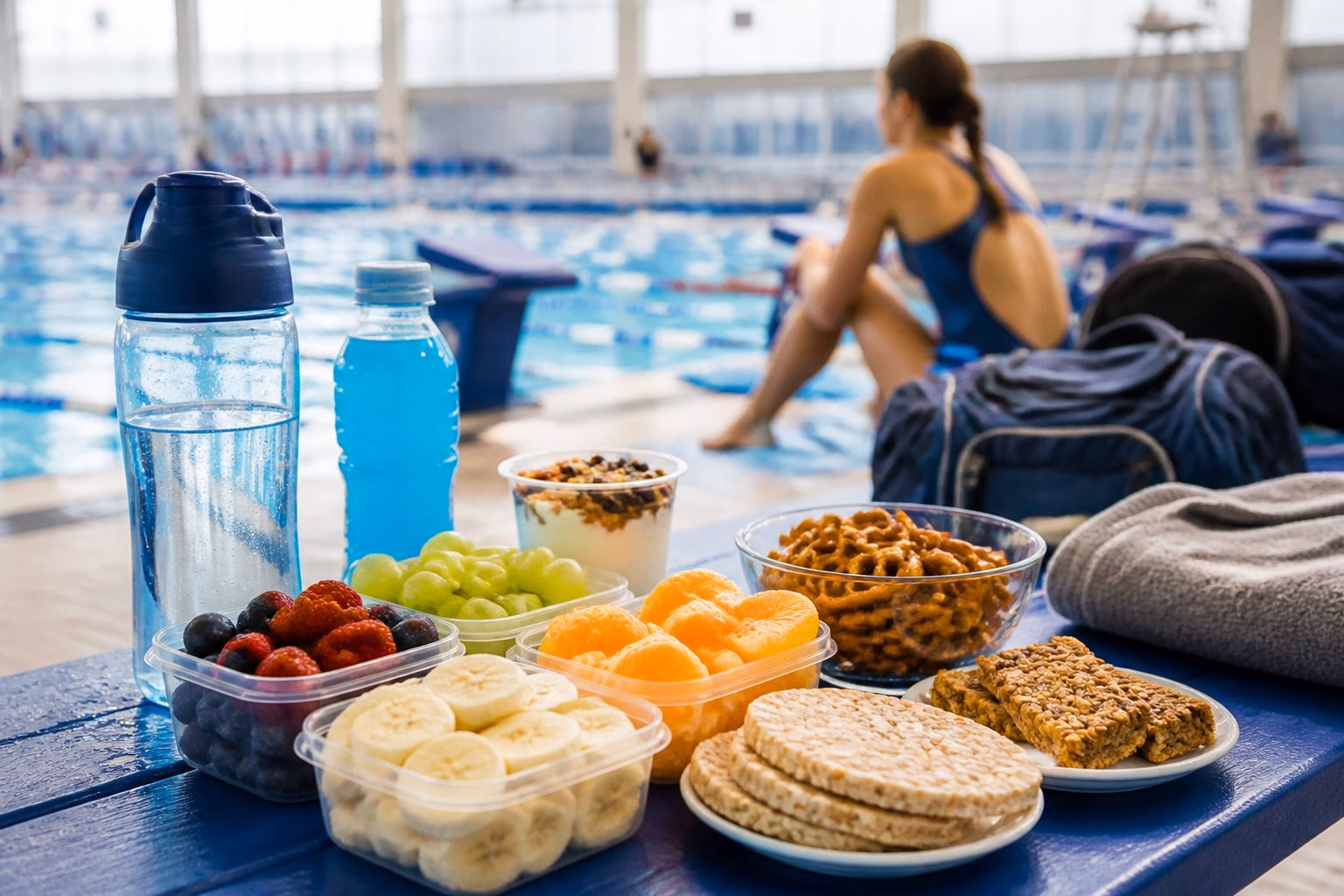 Healthy snacks, fruit and drinks arranged beside a swimming pool at a swim meet.