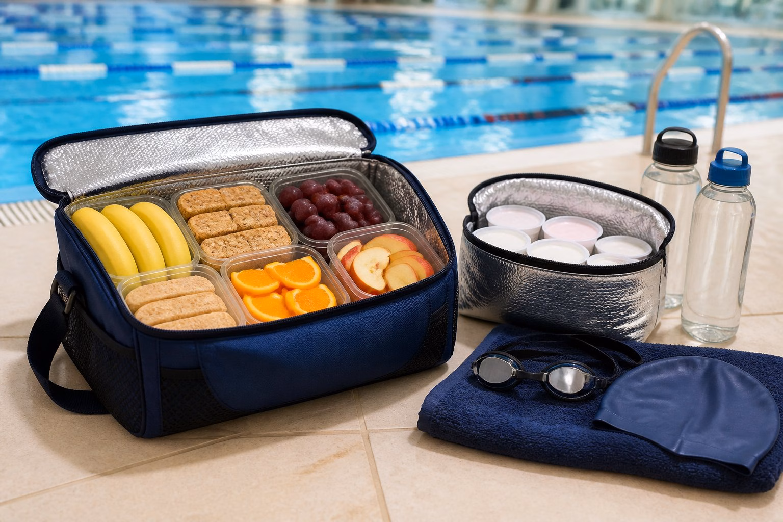 Healthy snacks and water bottles arranged beside a swimming pool with swim gear.