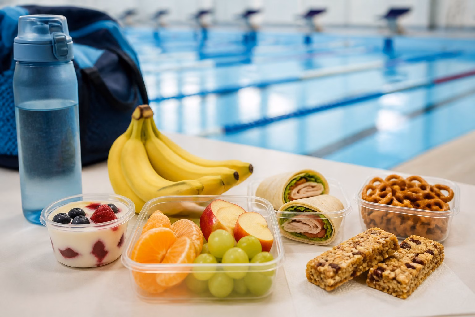 Healthy snacks and a water bottle arranged beside an indoor swimming pool.