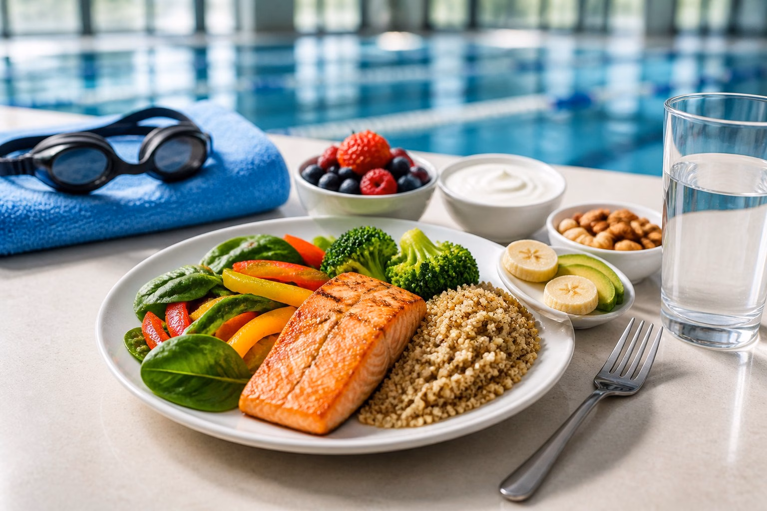 A balanced meal of salmon, grains, vegetables, fruit and yoghurt beside swimming goggles and a blue towel.