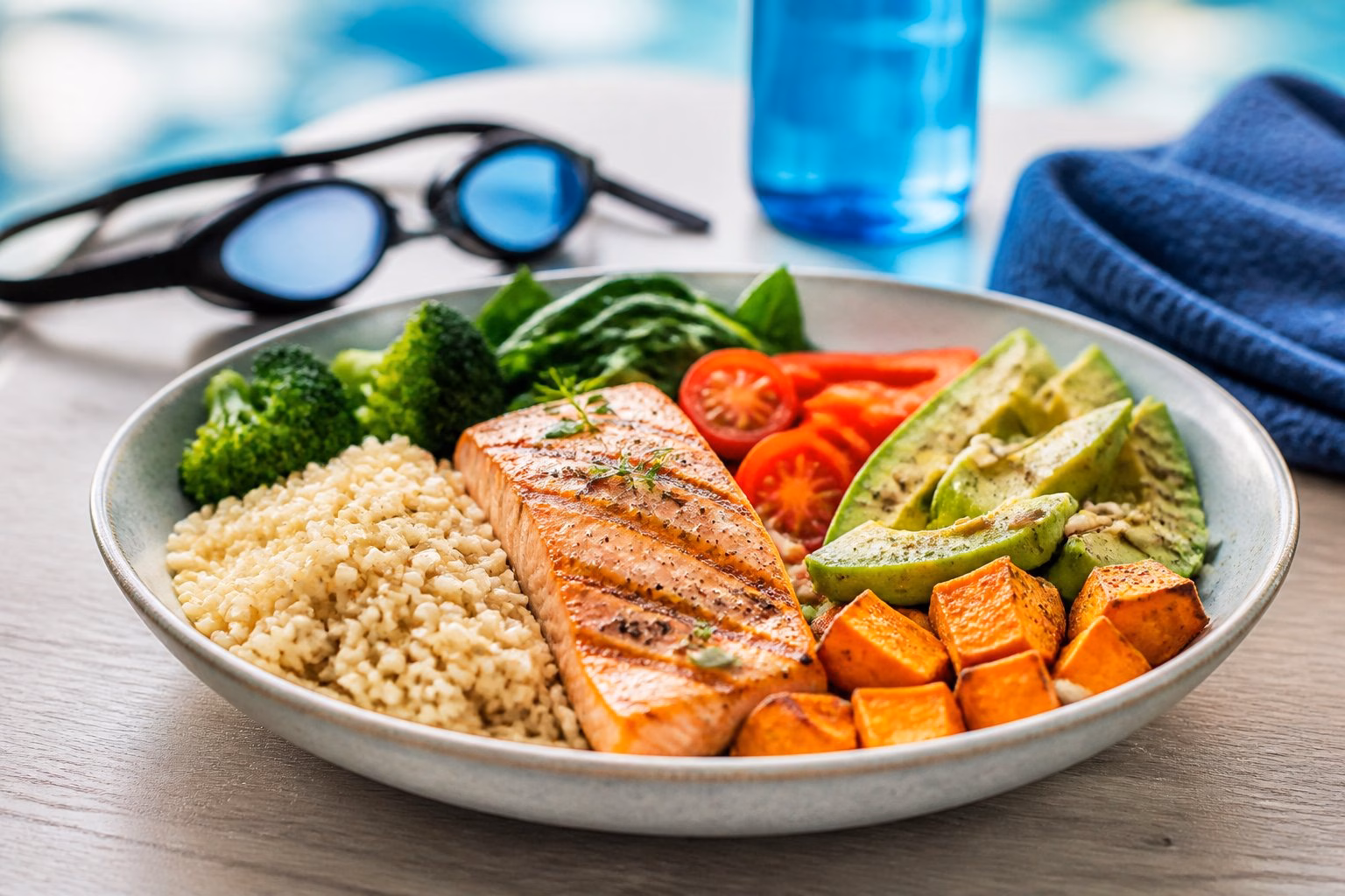 A balanced meal of grains, grilled protein, vegetables, avocado and seeds beside swimming goggles and a water bottle.