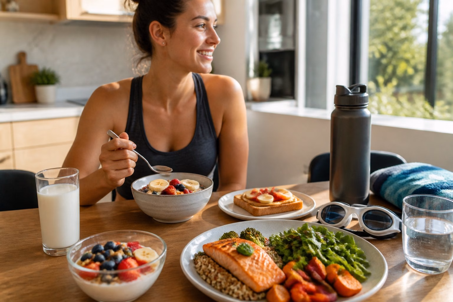 A swimmer prepares balanced meals and snacks with fruit, grains, vegetables, protein, and water around a training session.