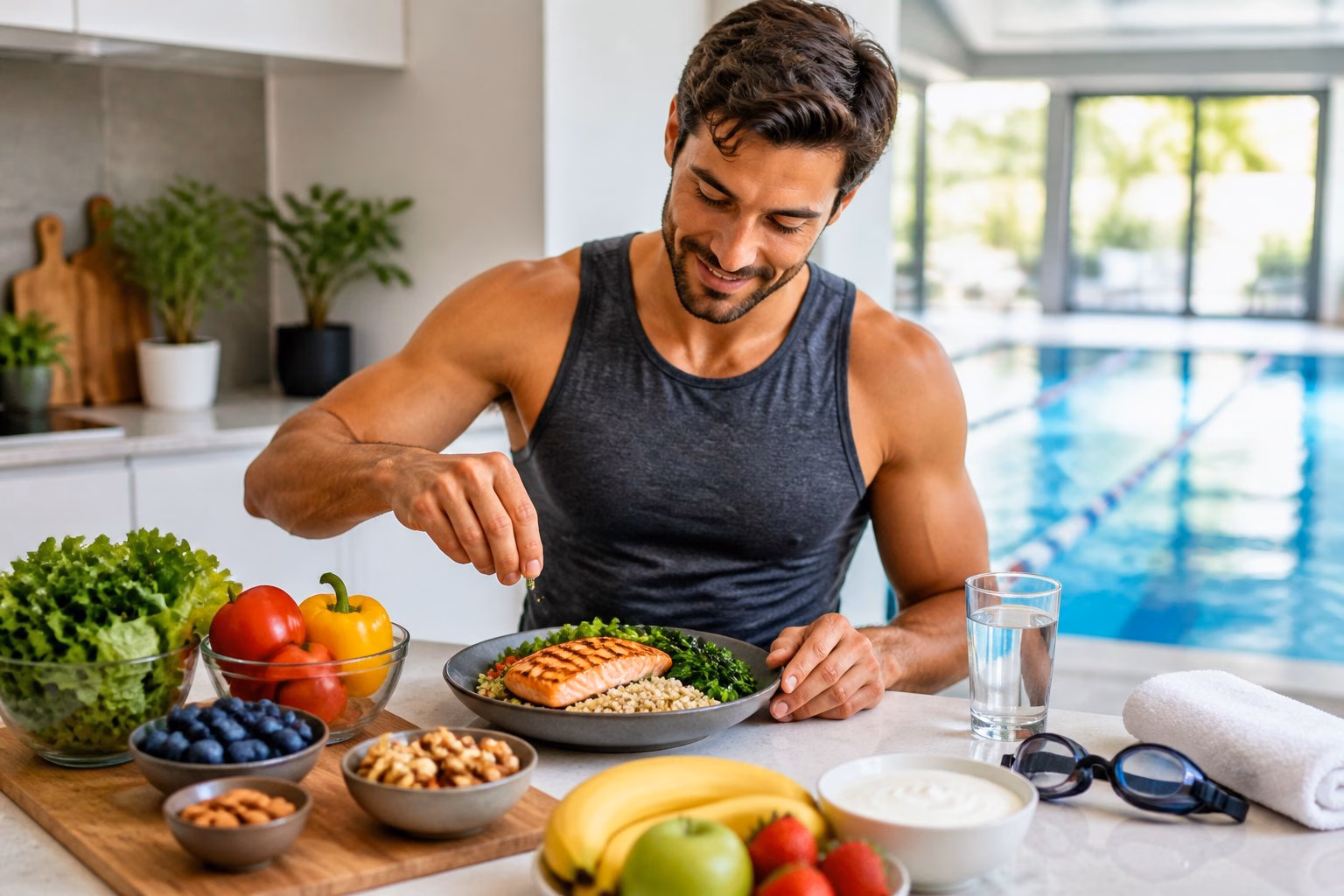 A swimmer prepares a balanced meal with vegetables, fruit, grains and lean protein beside a swimming pool.