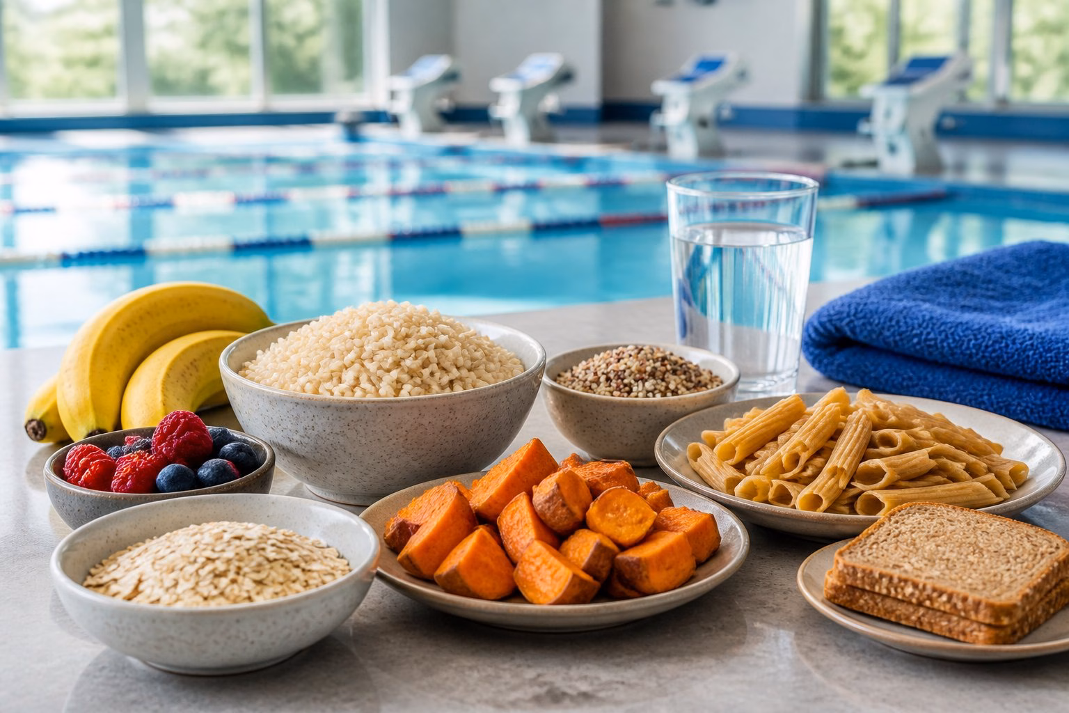 A selection of wholegrain foods, fruit and sweet potato arranged beside a swimming pool.