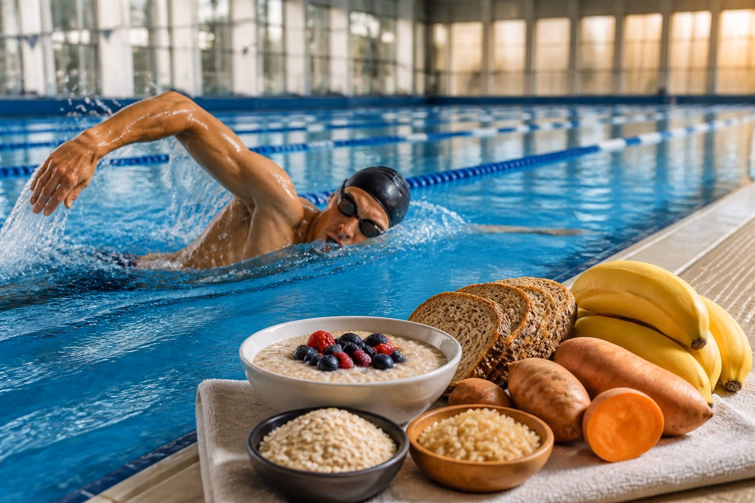 A swimmer training steadily in a pool beside a selection of wholegrain carbohydrate-rich foods.
