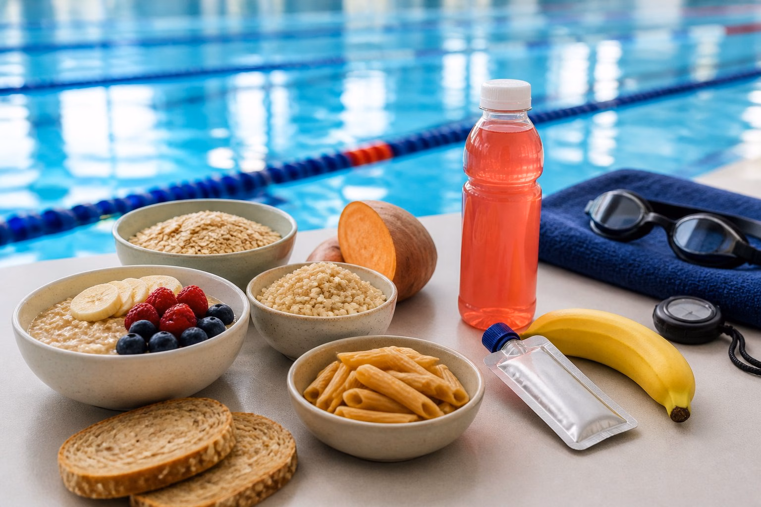Healthy carbohydrate foods and quick energy fuel arranged beside swimming equipment at a pool.