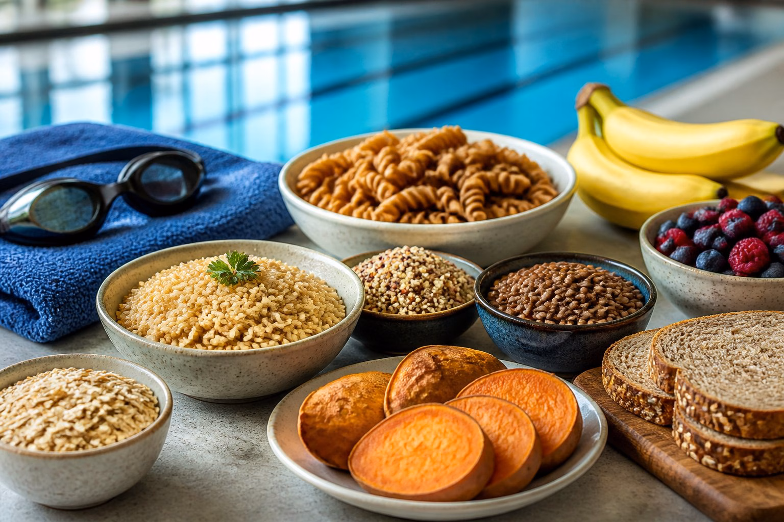 A selection of wholesome carbohydrate-rich foods arranged beside swimming goggles and a folded blue towel.