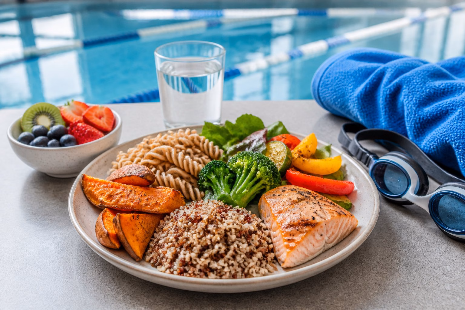 A balanced plate of wholegrain foods, vegetables and lean protein beside swimming goggles and a blue towel.