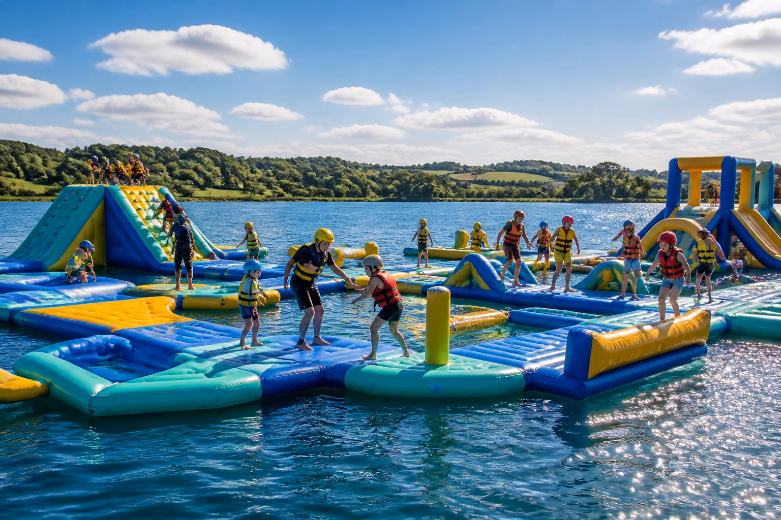 People wearing buoyancy aids enjoy an inflatable aqua park on Rutland Water, surrounded by green countryside.