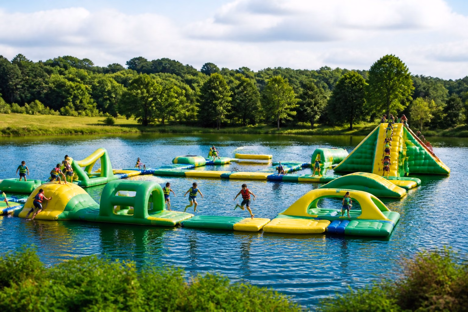 People enjoying an inflatable aqua park on a lake surrounded by woodland and meadows.