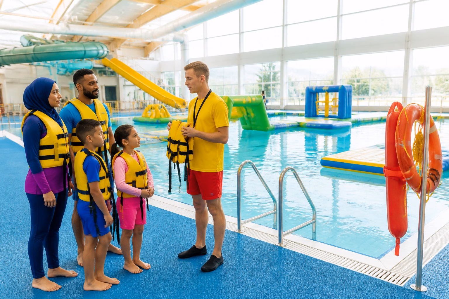 Families listen to a lifeguard beside an indoor aqua park pool before entering.