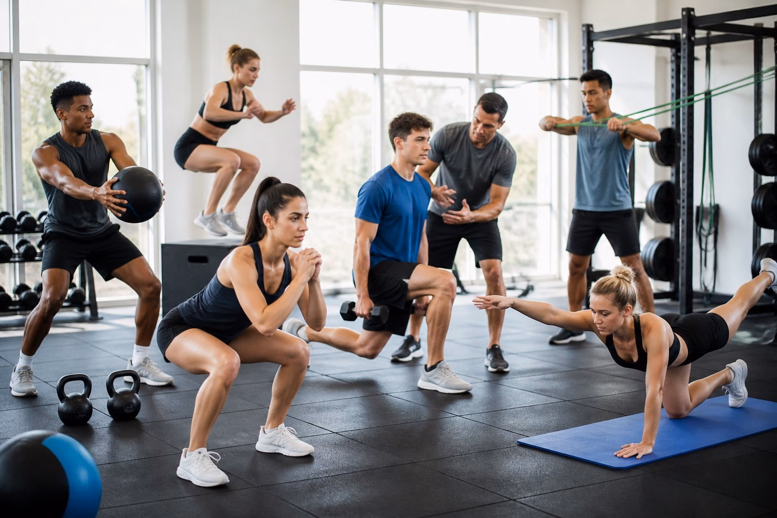 Swimmers performing strength, mobility and coordination exercises in a modern gym under a coach's guidance.