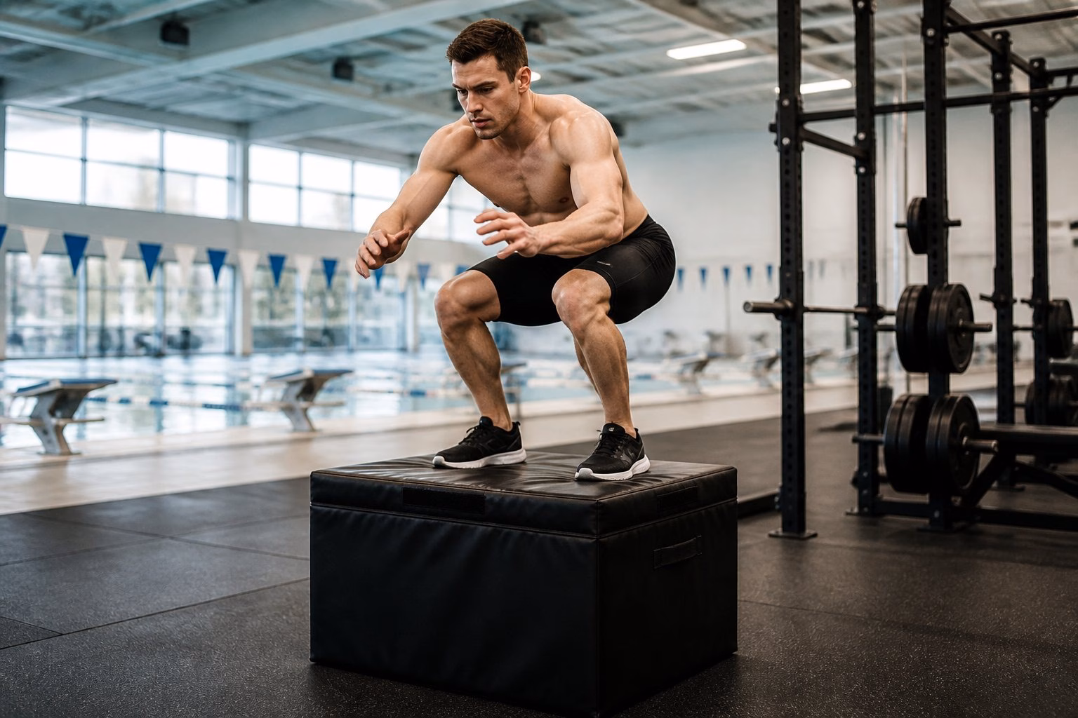 A swimmer performs an explosive box jump in a sports training gym beside an indoor pool.