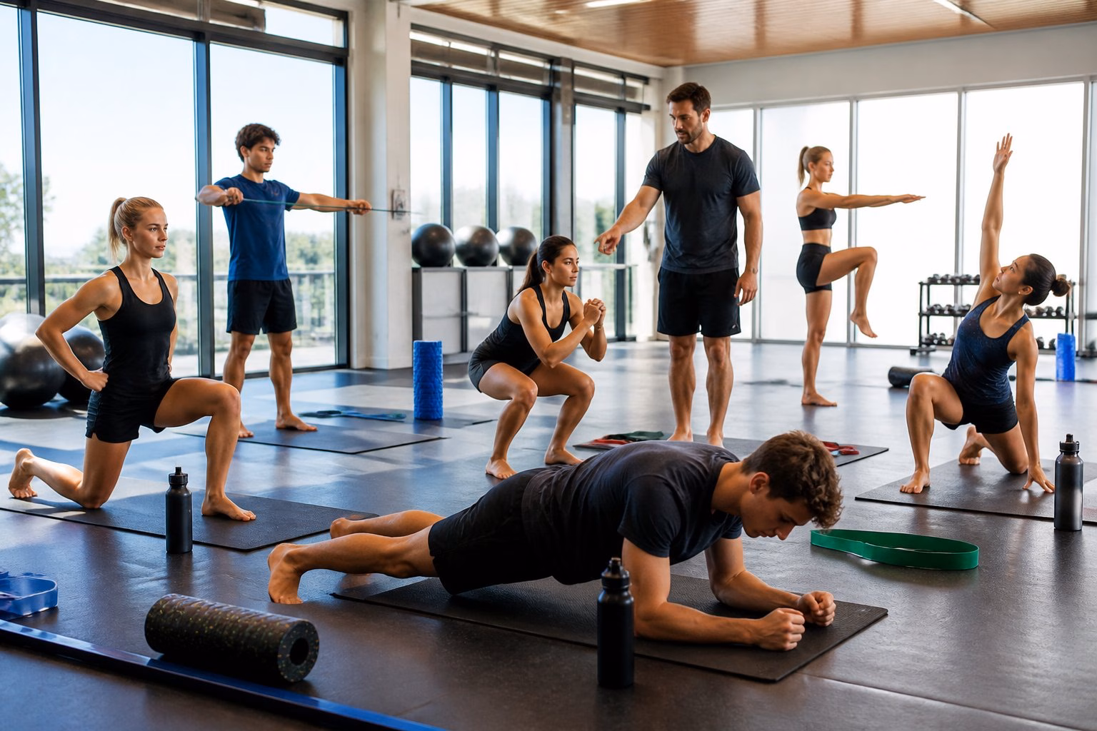 Swimmers complete supervised strength, mobility and balance exercises on mats in a training facility.