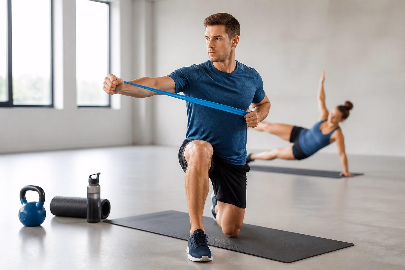 Swimmer performing a resistance-band exercise in a bright training studio with minimal equipment.