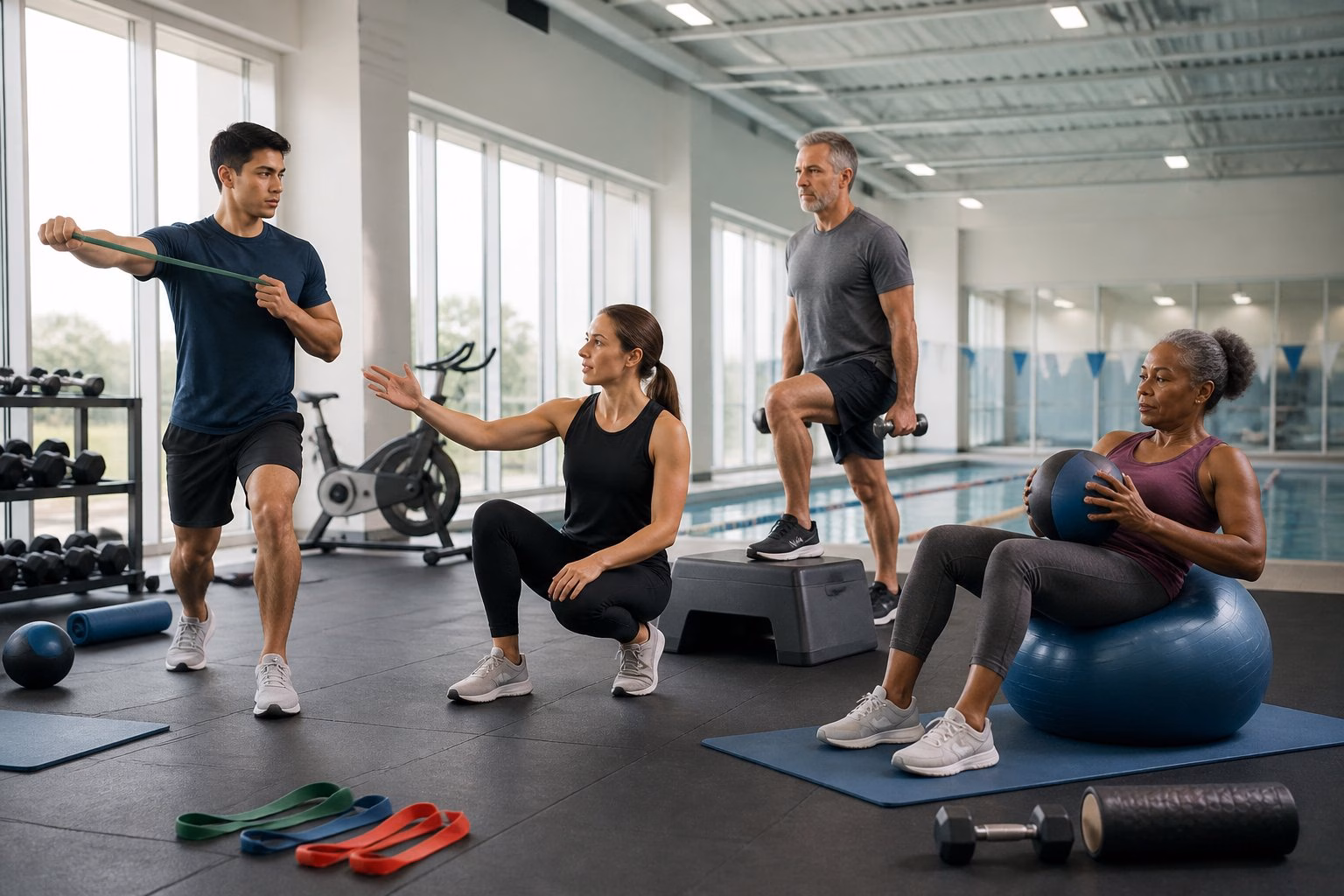 Swimmers of different ages complete personalised strength and mobility exercises in a training studio beside an indoor pool.