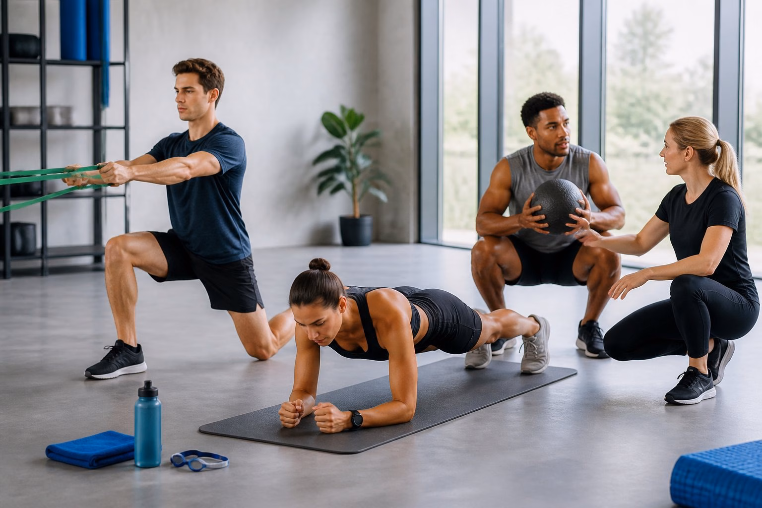 Swimmers performing strength and conditioning exercises in a bright fitness studio.