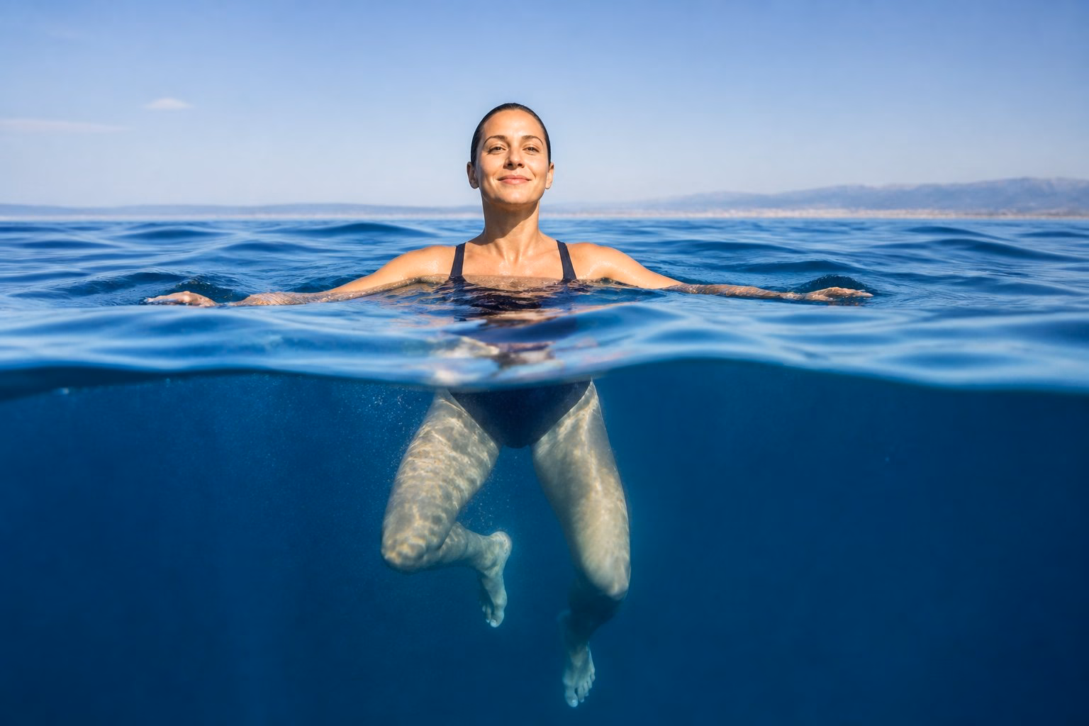 A swimmer calmly treading water in a deep blue pool.
